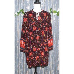 Boho Peasant Old Navy Ladies M Black Floral Tunic Pintuck Blouse Top Tie Neck